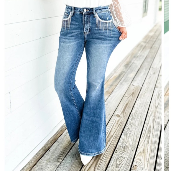 Risen High Rise Fit and Flare Jeans with Rhinestone Fringe on Pockets - Picture 1 of 10